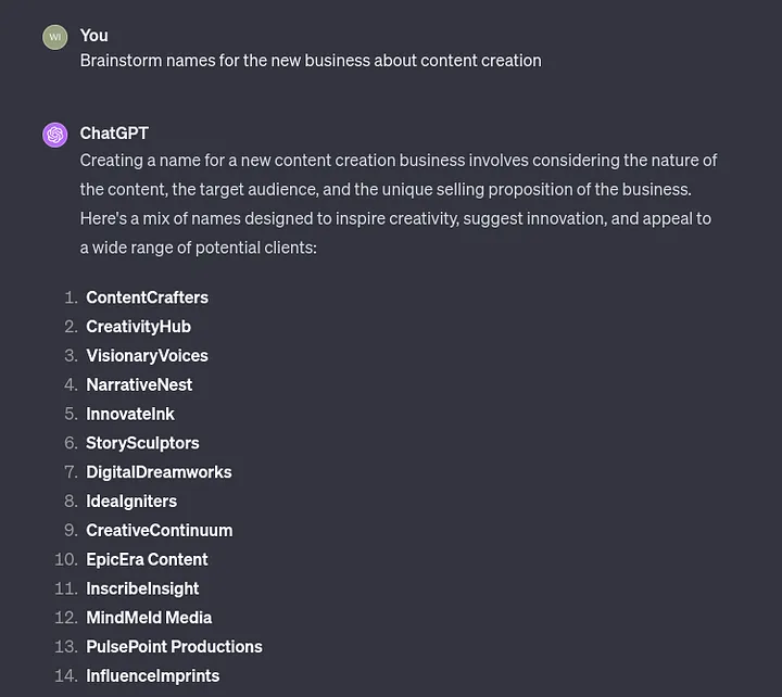 ChatGPT 브레인스토밍된 업체명 아이디어