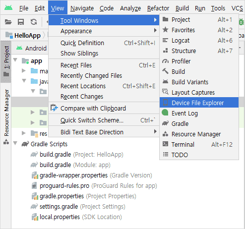 View > Tool Windows > Device File Explorer 메뉴